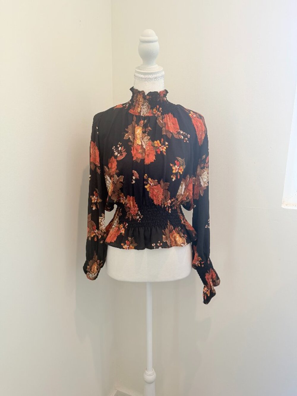 Boho Black Floral Long Sleeve Blouse - Smocked High Neck & Waist Size L
